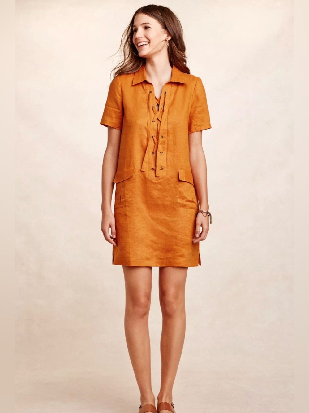 Anthropologie Maeve Burnt Orange Lace Up Linen Mini Dress unlined Sz 10 EUC